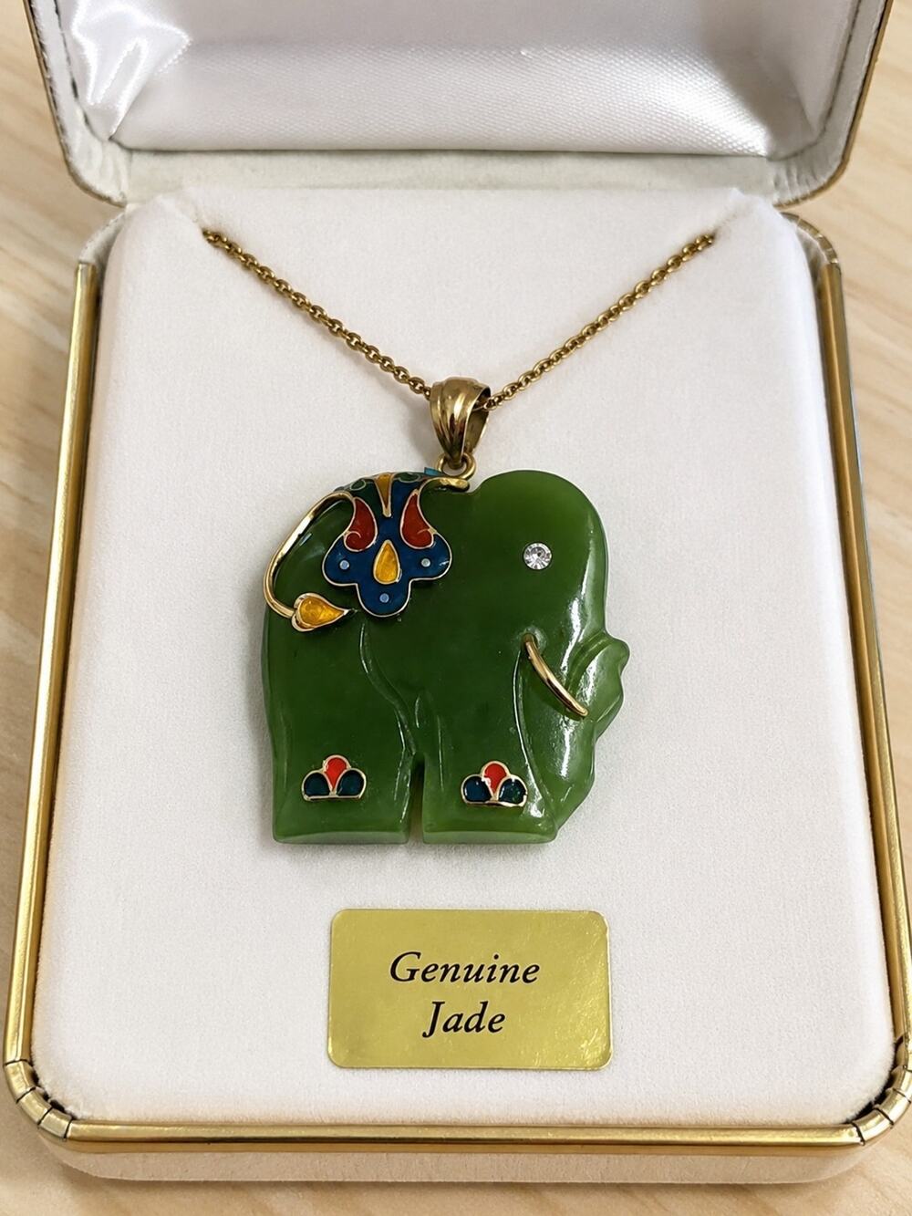 NEW Genuine Green Jade Elephant Pendant Necklace 15" Cloisonne w/ Original Box